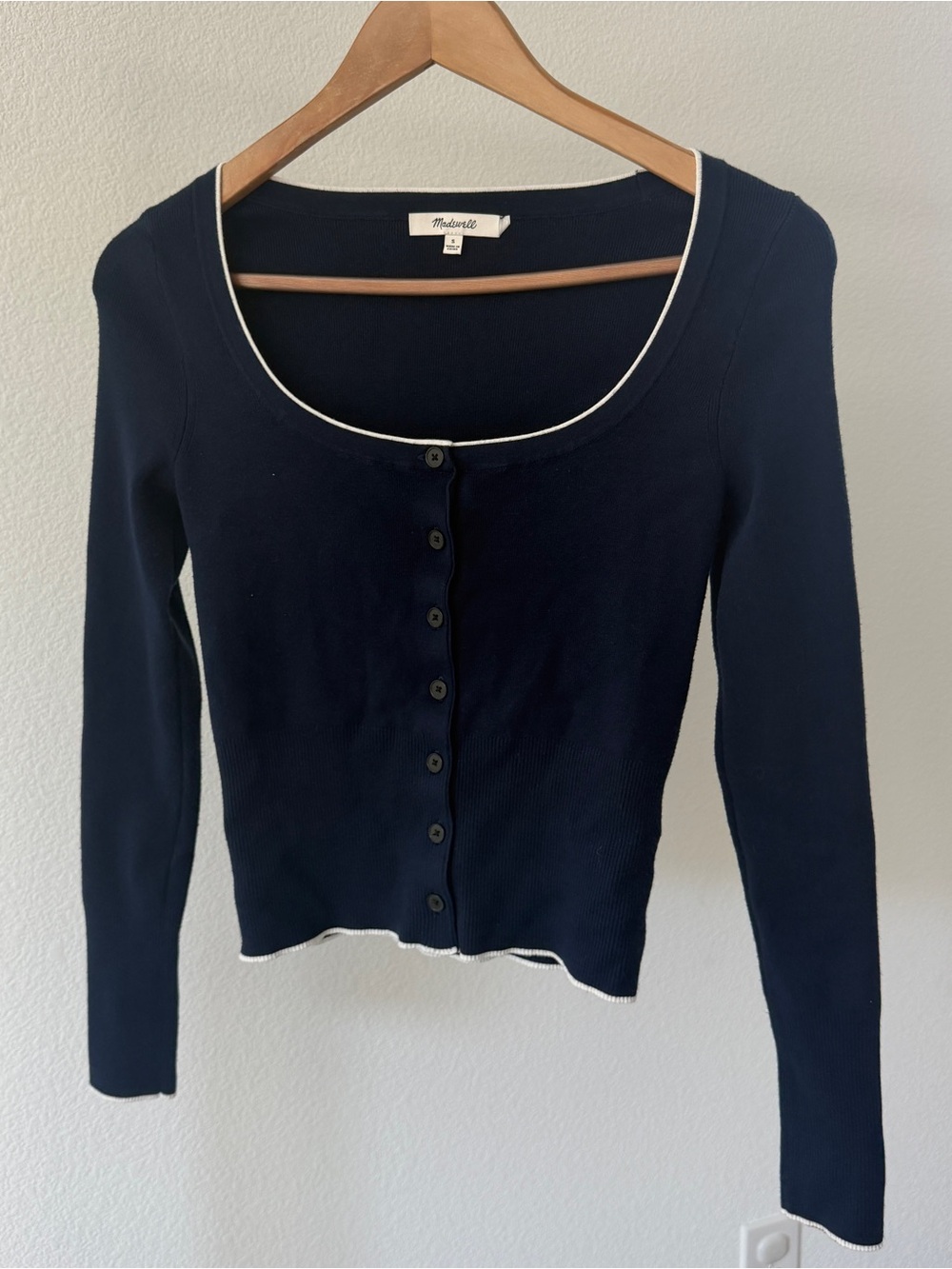 Madewell Small Navy Long-Sleeve Ribbed Button Cardigan with White Trim